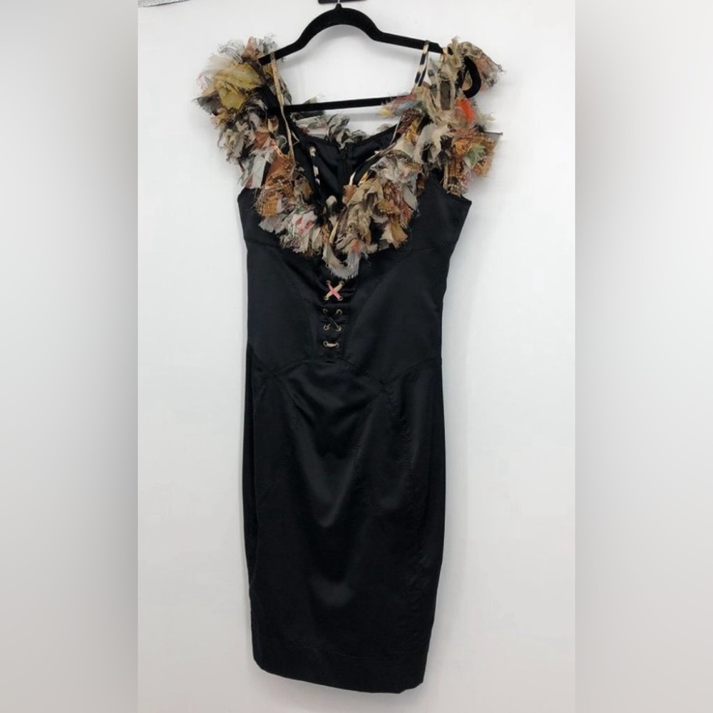 Authentic Roberto Cavalli Black Silk Corset off Shoulder BoaScarf Neck Dress EU4